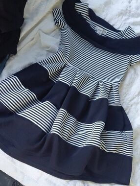 Girls Size 10.  Knitworks Navy & White Striped Fit-and-Flare Dress